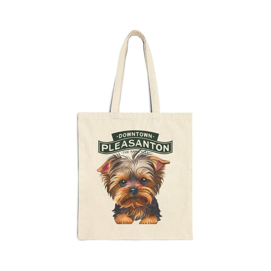 Downtown Pleasanton Canvas Tote Bag with Yorkie - Pet Lover's Eco-Friendly Tote