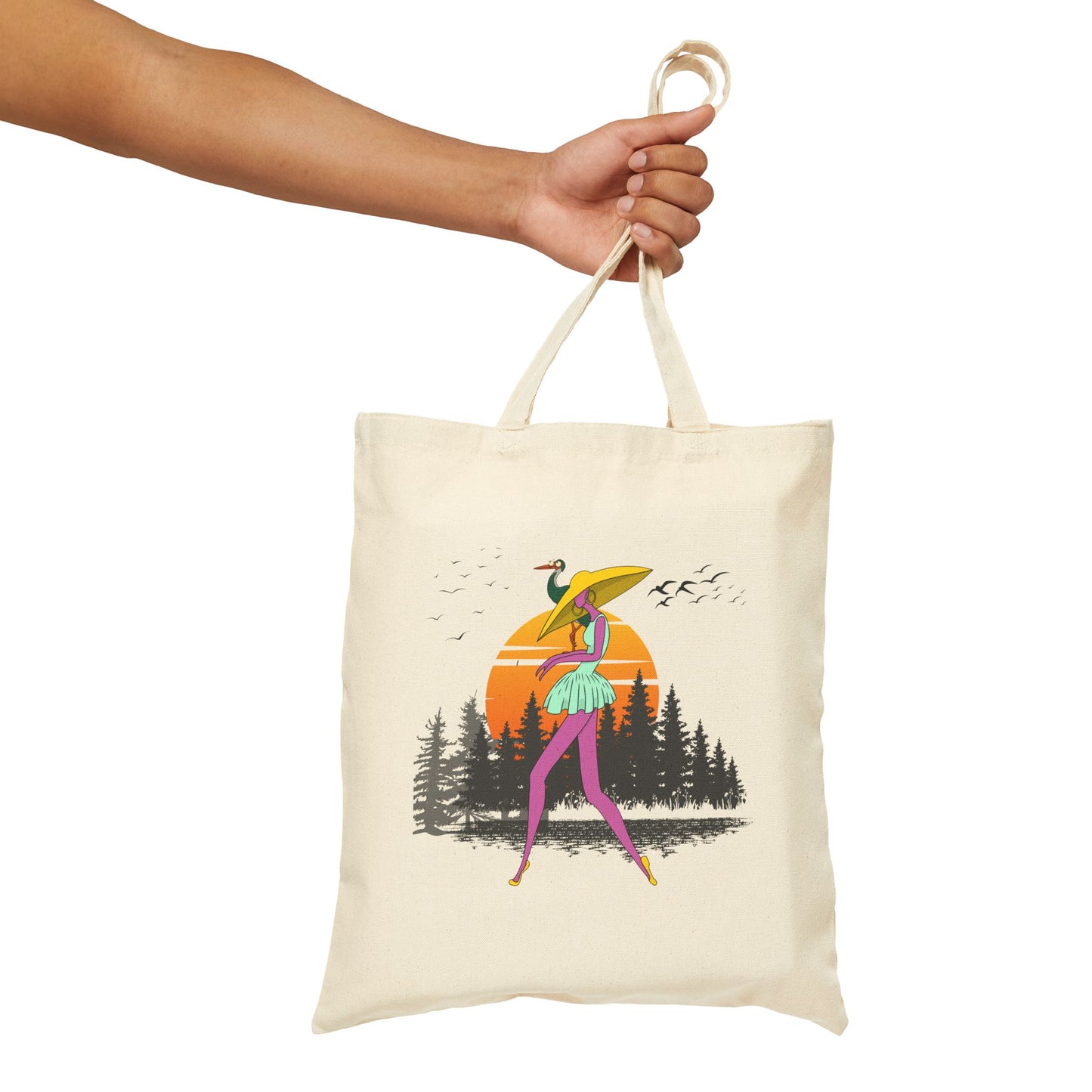 Bayou Sunset Adventure Tote: Girl with Pelican Canvas Bag