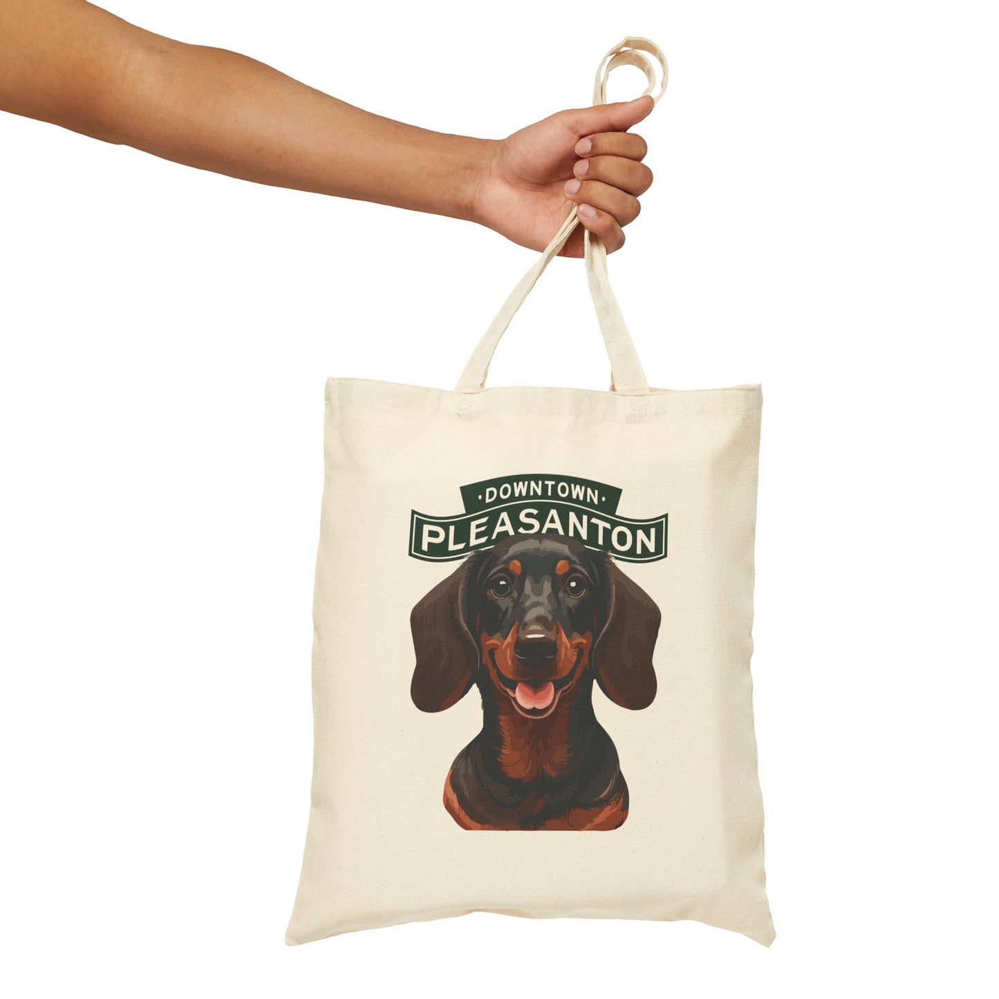 Downtown Pleasanton Canvas Tote Bag with Dachshund - Pet Lover's Eco-Friendly Tote