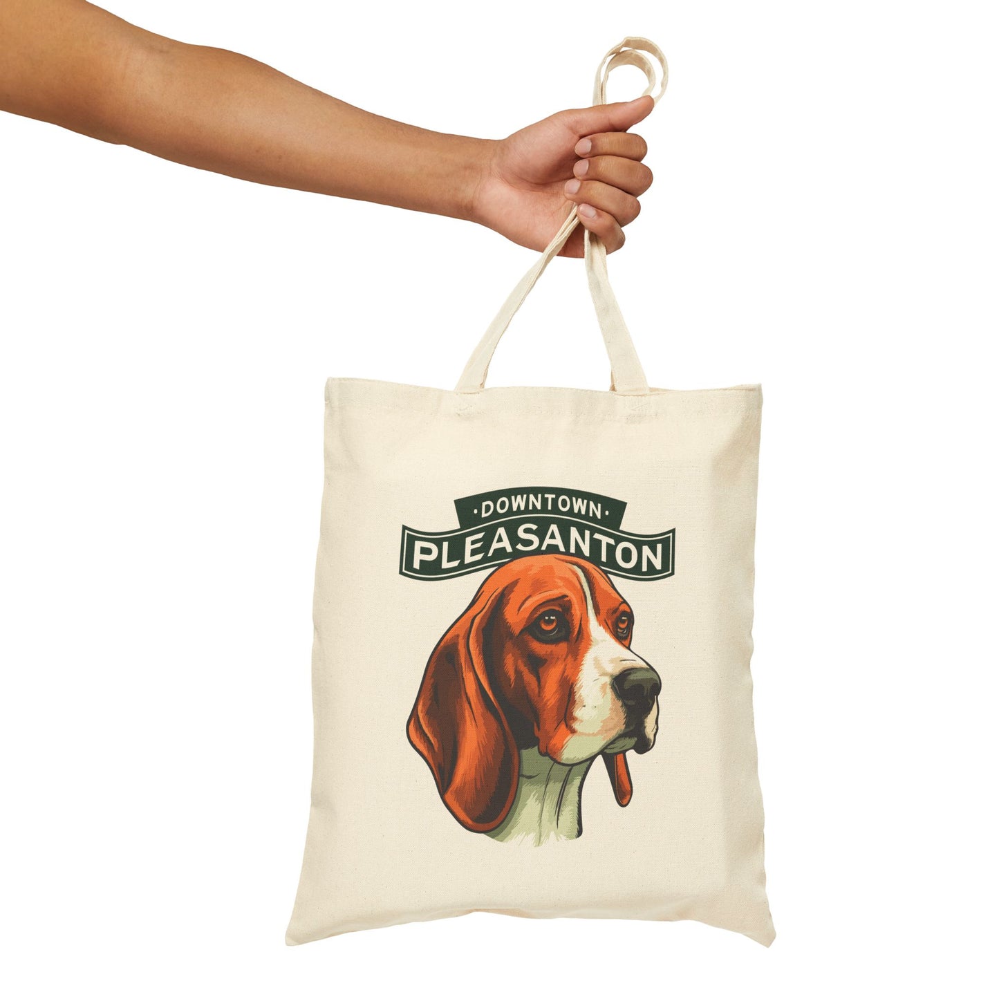 Downtown Pleasanton Canvas Tote Bag with Hound Dog - Pet Lover's Eco-Friendly Tote