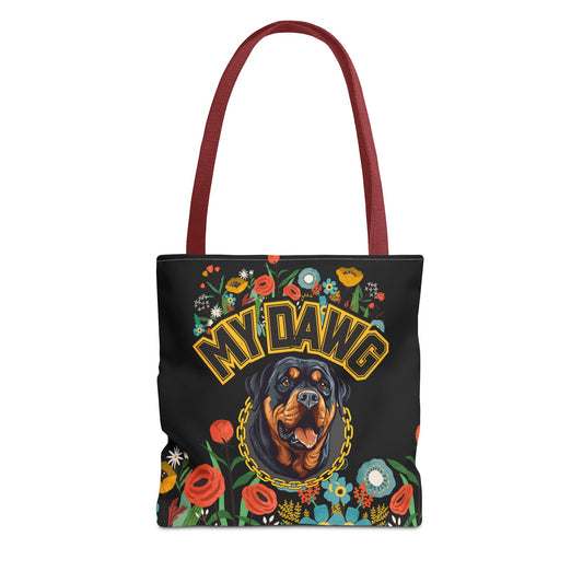 My DAWG Rottweiler Black Canvas Tote Bag with Gold Chain, Florals, and Red Handle